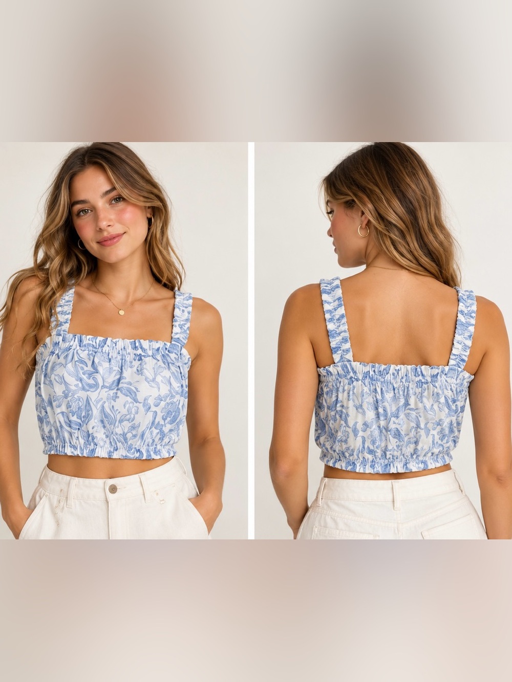 INTERMIX Blue and White Ruched Cropped Tank Top - Organic Cotton